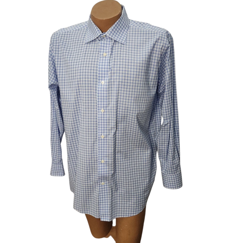 Saks Fifth Avenue Slim Fit Long Sleeve Blue Plaid 17.5 34/35